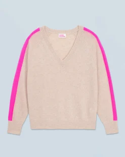 Maglione Scollo a V Oversize Bande bicolori Leggero