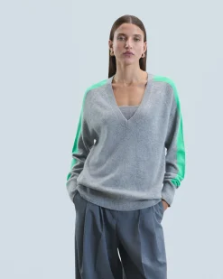 Pullover Scollo a V Oversize Bande bicolori Leggero