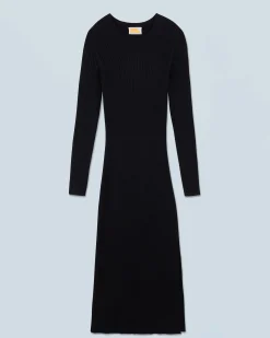 Vestito Lungo Maniche lunghe a Coste con Spacco